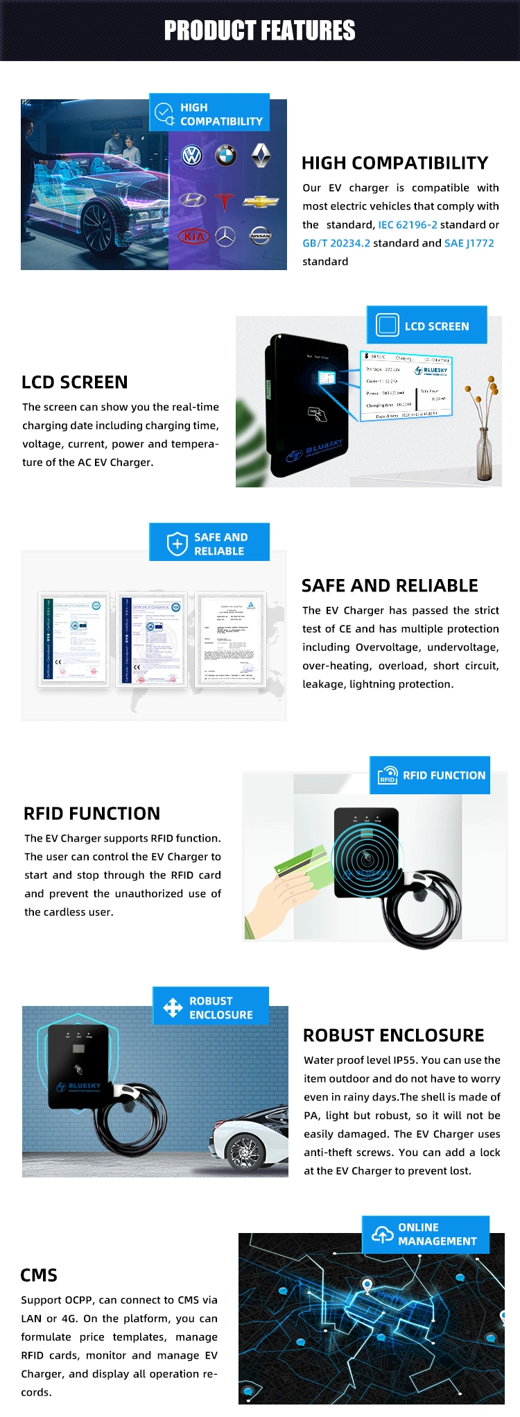 Bluesky AC Wallbox EV Charging Station with Ocpp Ethernet, 4G, WiFi